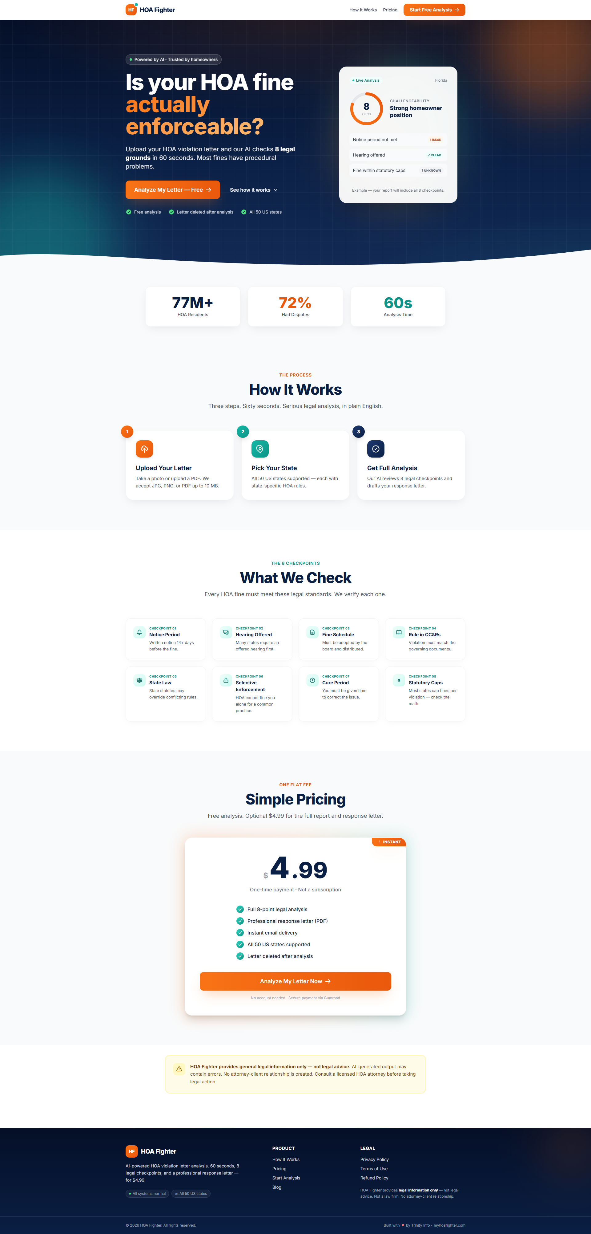 Screenshot of HOA Fighter — an AI tool built by Trinity Info that analyzes HOA violation letters across all 50 US states